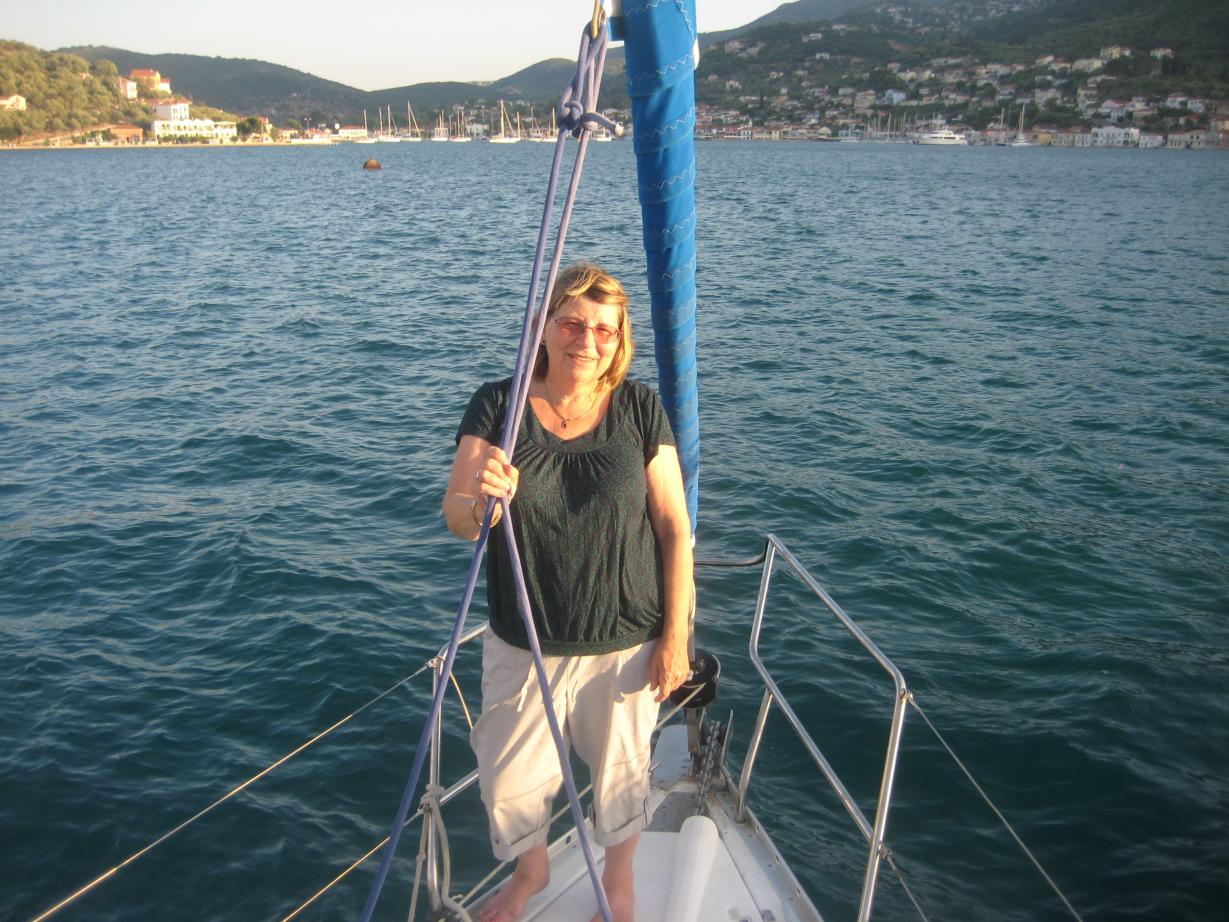 Wednesday evening 16th September, Hilary on anchor duty approaching Vathy, Ithaki.