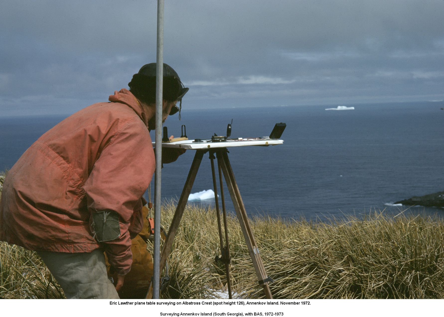 Eric Lawther plane table surveying on Albatross Crest (spot height 126), Annenkov Island. November 1972.