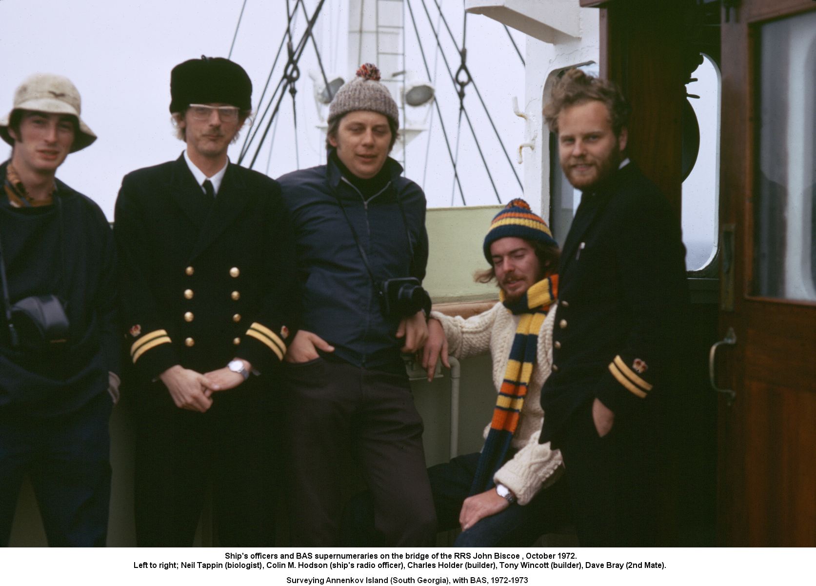 Officers and BAS supernumeraries on the bridge of the RRS John Biscoe, October 1972.
