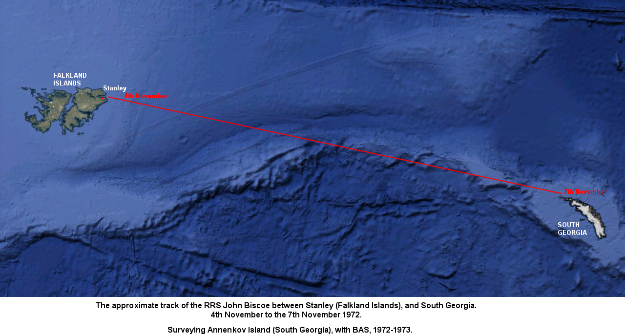 The approximate track of the RRS John Biscoe between Stanley (Falkland Islands), and South Georgia.
4th November to the 7th November 1972.