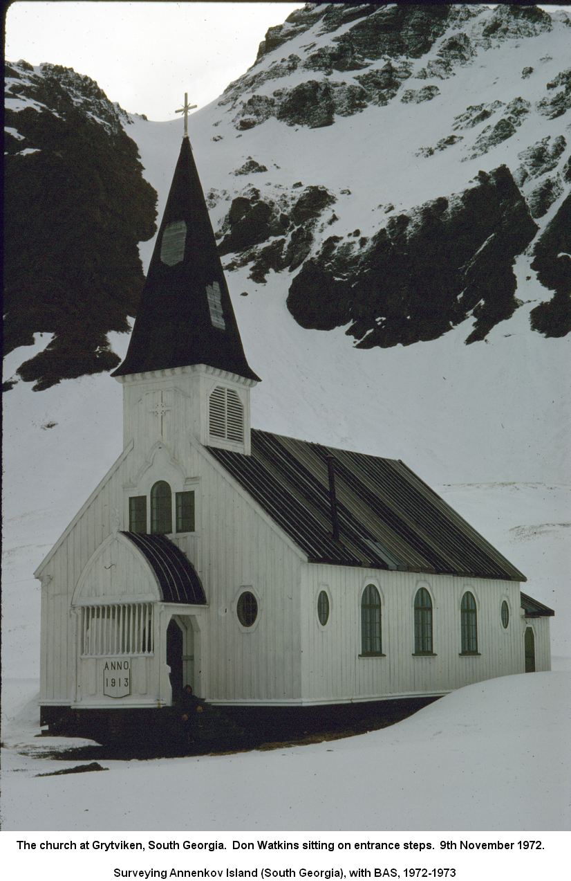 The church at Grytviken, South Georgia.  Don Watkins sitting on entrance steps.  9th November 1972.