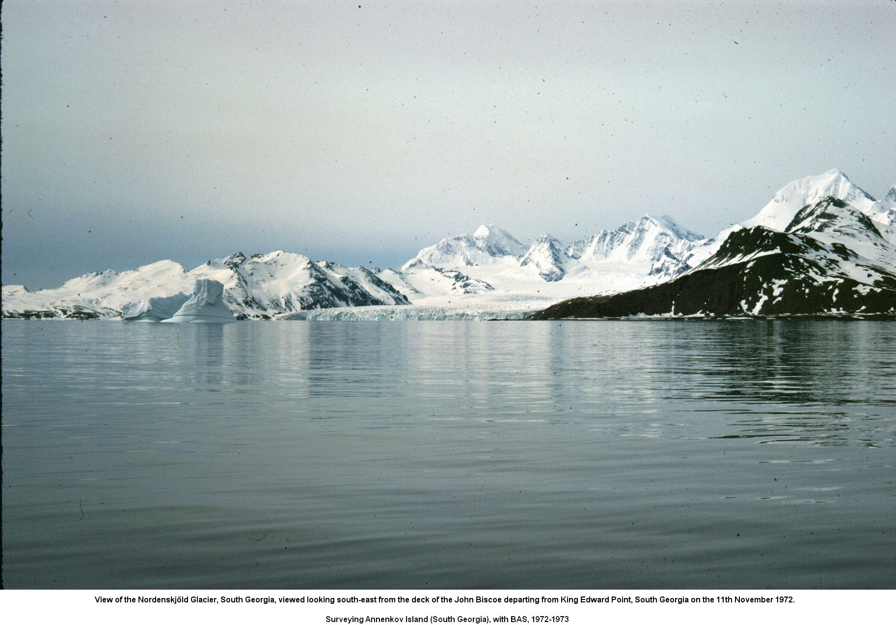 View of the Nordenskjld Glacier, South Georgia, viewed looking south-east from the deck of the John Biscoe departing from King Edward Point, South Georgia on the 11th November 1972.