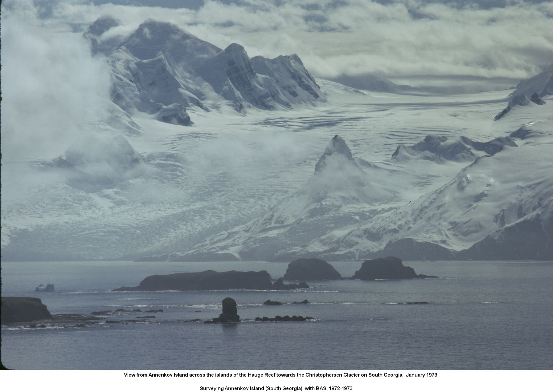 View from Annenkov Island across the islands of the Hauge Reef towards the Christophersen Glacier on South Georgia. January 1973.