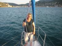 Wednesday evening 16th September, Hilary on anchor duty approaching Vathy, Ithaki