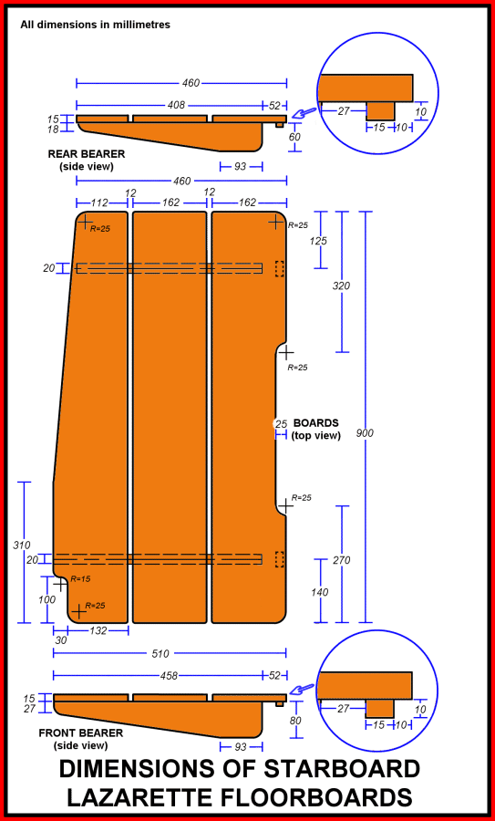 Detailed sketch plans of the Lugger lazarette starboard floorboards (planked version)