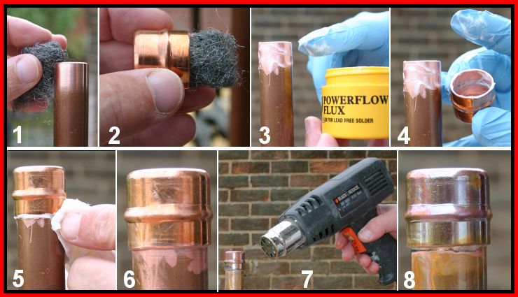 Photographs showing stages of soldering the end cap to the copper pipe