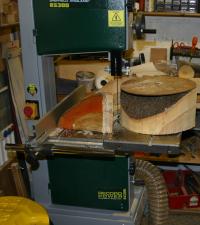 Cutting out the bowl blank on the bandsaw.