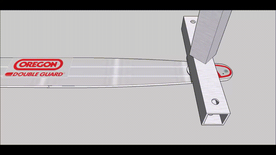 Animation of the attachment of the front chainsaw mill clamp to the chainsaw guidebar bar
