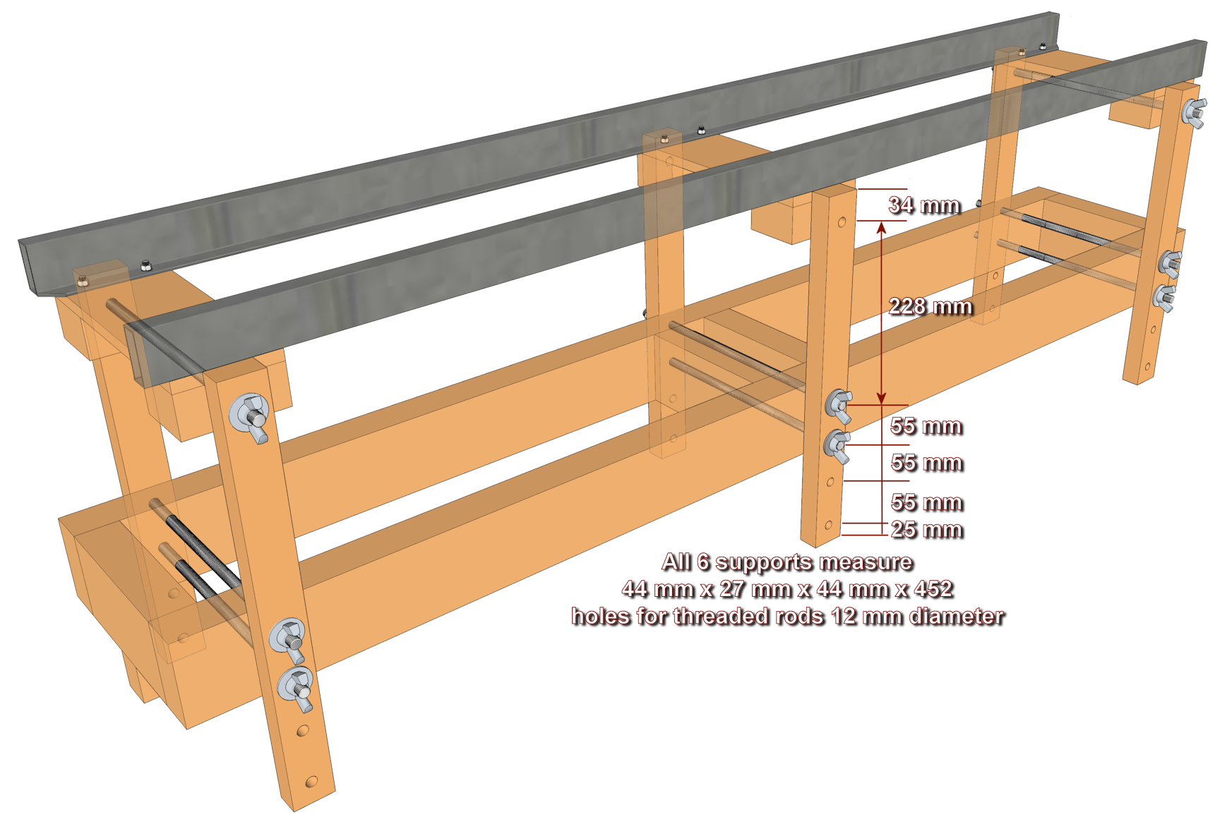 Sketch showing how the rails are supported above the base frame.