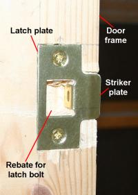 The latch plate, screwed to the door frame.