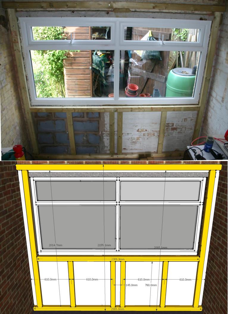 Completed studwork for the end (Window) wall, photo & drawing.