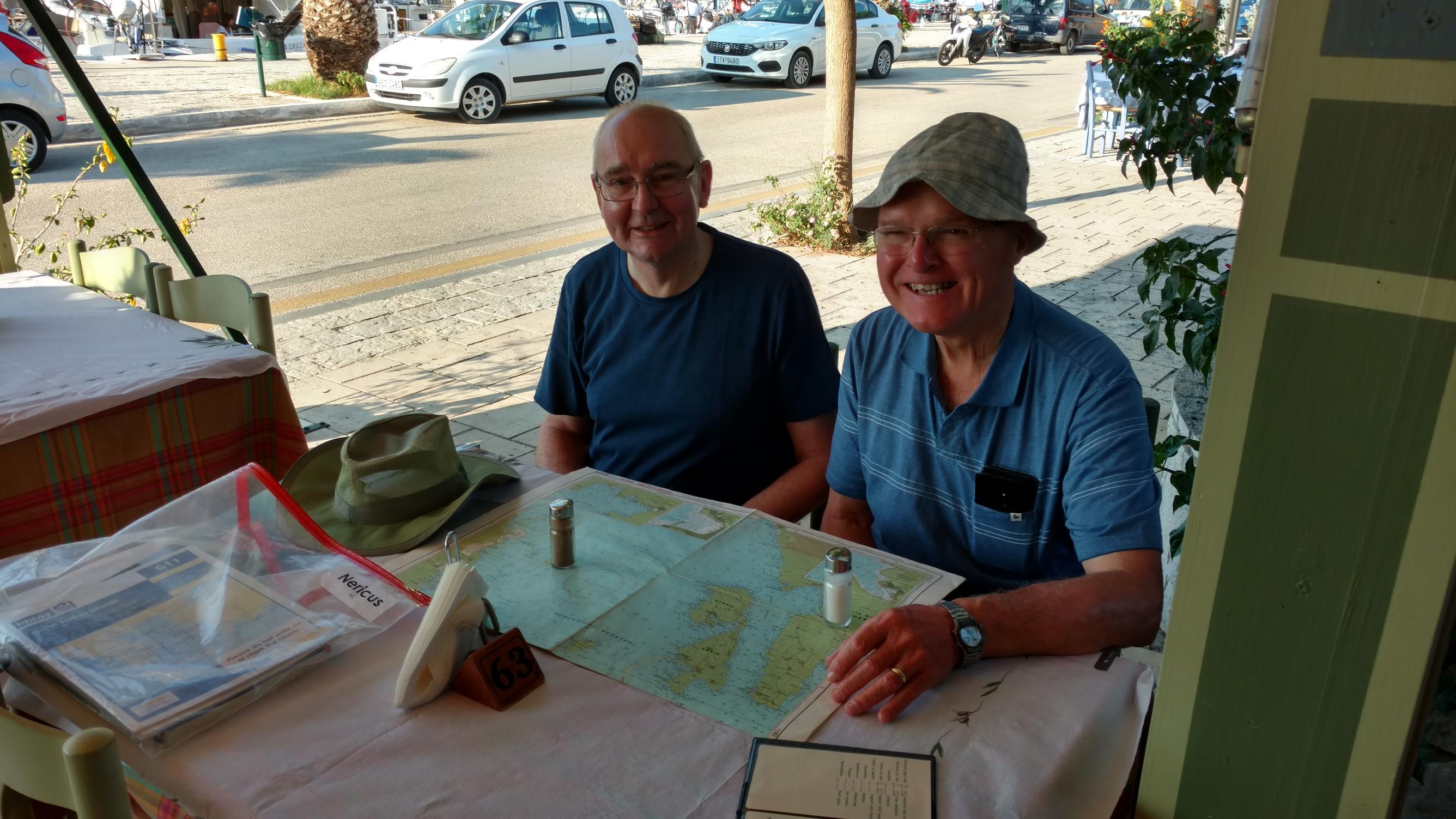 Dave & Tim studying the chart at the morning briefing before departing from Effimia, 9th September, 2018.