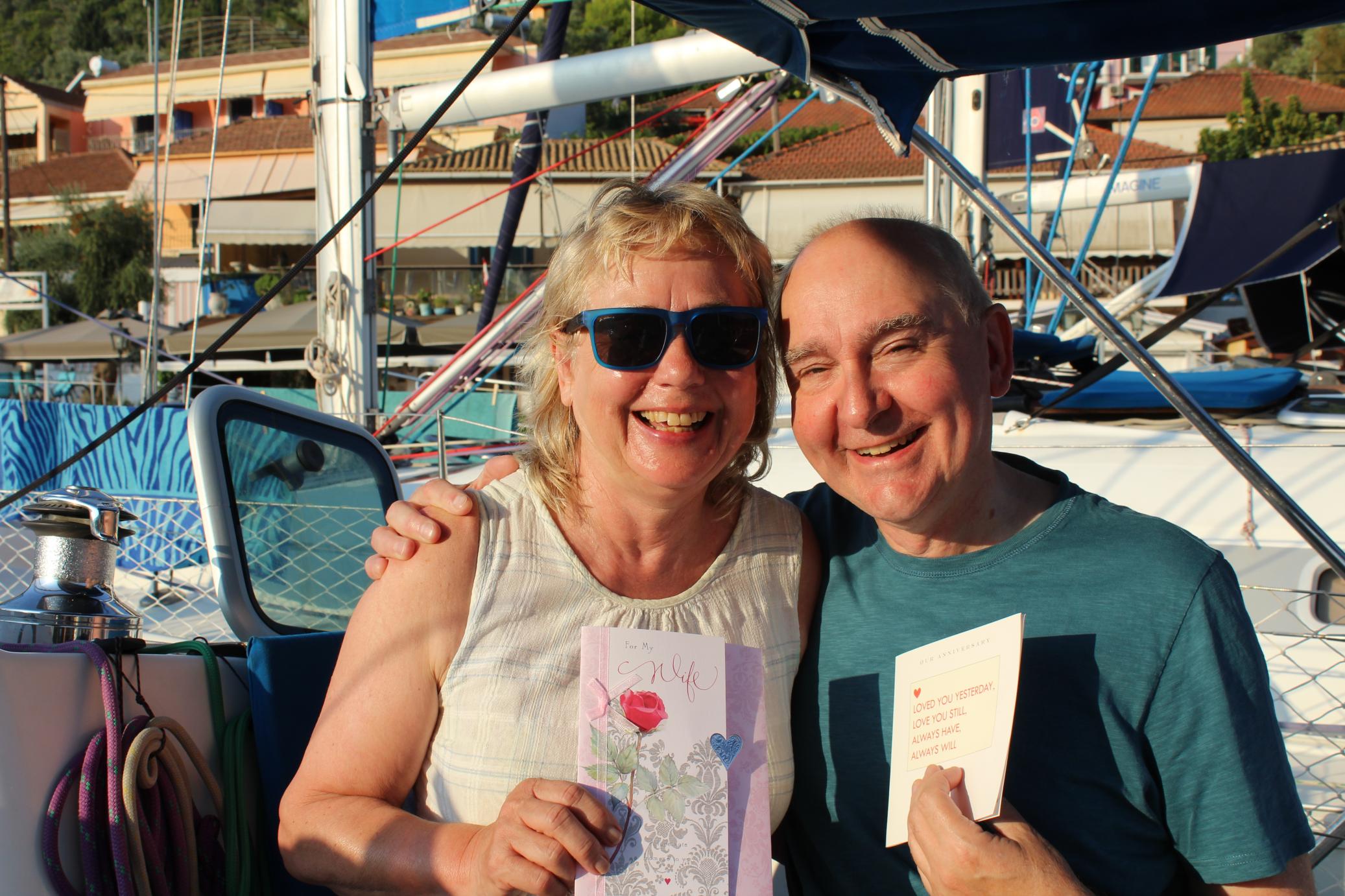 Jane & Dave celebrating their wedding anniversary on Nericus at Frikes, Ithaca, 12 Sept.