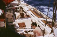 Checking lifeboat provisions on the RRS John Biscoe, October 1972.
