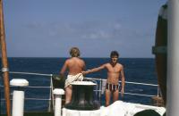 Two of the crew on the aft deck of the RRS John Biscoe, October 1972.