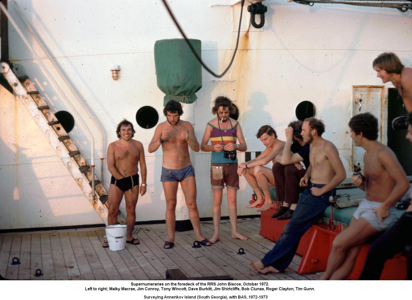 Supernumeraries on the foredeck of the RRS John Biscoe, October 1972.
