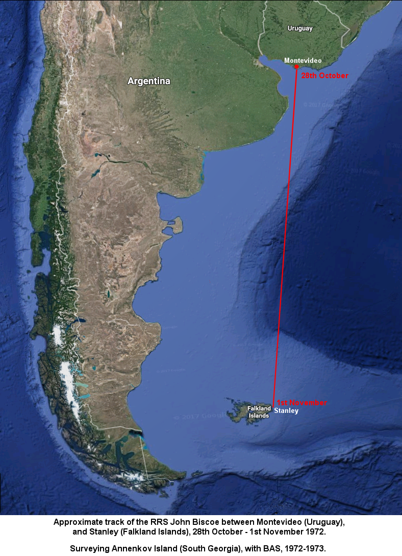 Approximate track of the RRS John Biscoe between Montevideo (Uruguay), and Stanley (Falkland Islands) October 1972.