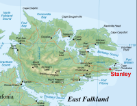 Map of East Falkland showing Stanley.