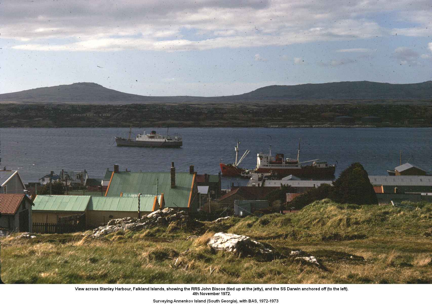 View across Stanley Harbour, Falkland Islands, showing the RRS John Biscoe and the SS Darwin. 4th November 1972.