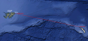 The approximate track of the RRS John Biscoe between Stanley (Falkland Islands), and South Georgia. 4th November to the 7th November 1972.