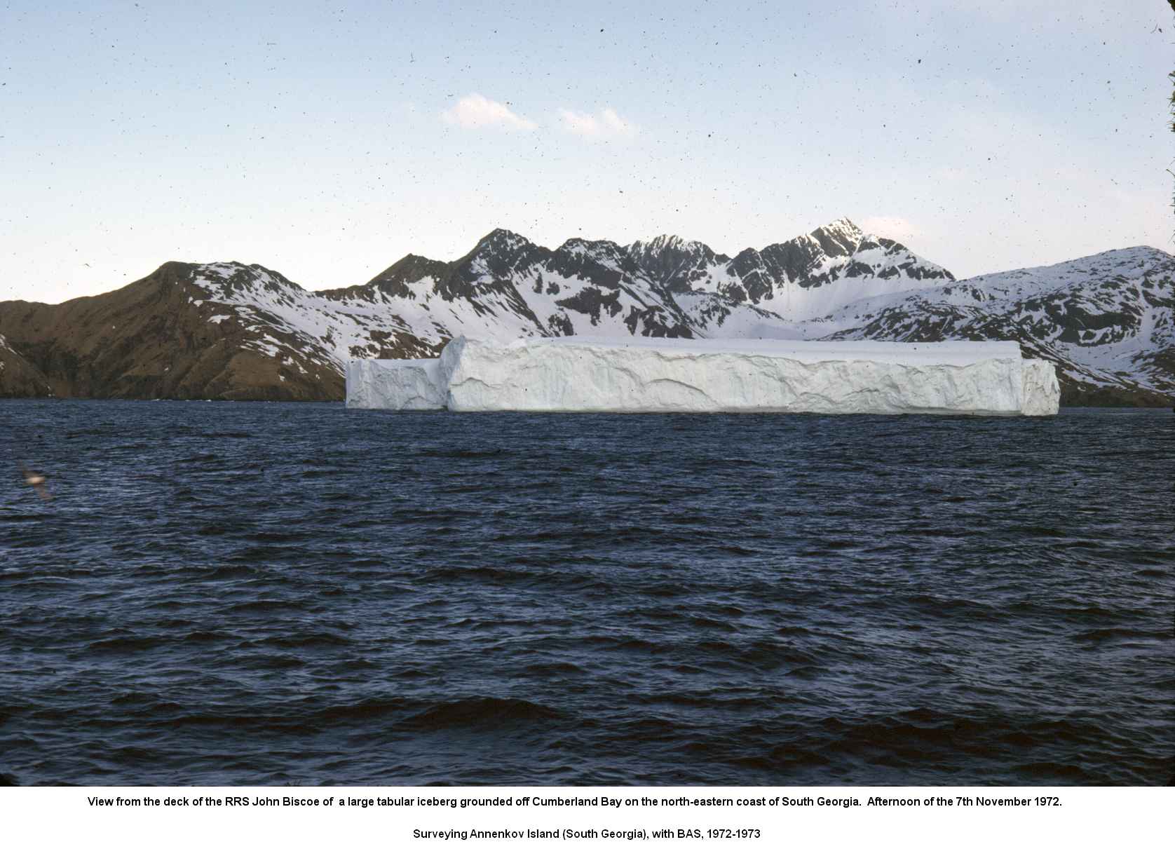 View from the deck of the RRS John Biscoe of a large tabular iceberg grounded off Cumberland Bay on the north-eastern coast of South Georgia.  Afternoon of the 7th November 1972.