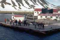 "Reception Committee" on the jetty at King Edward Point, South Georgia. Eric Lawther is twelfth from the right (in orange anorak at the back). Viewed from the deck of the RRS John Biscoe as it prepared to moor at the jetty. Afternoon of the 7th November 1972.