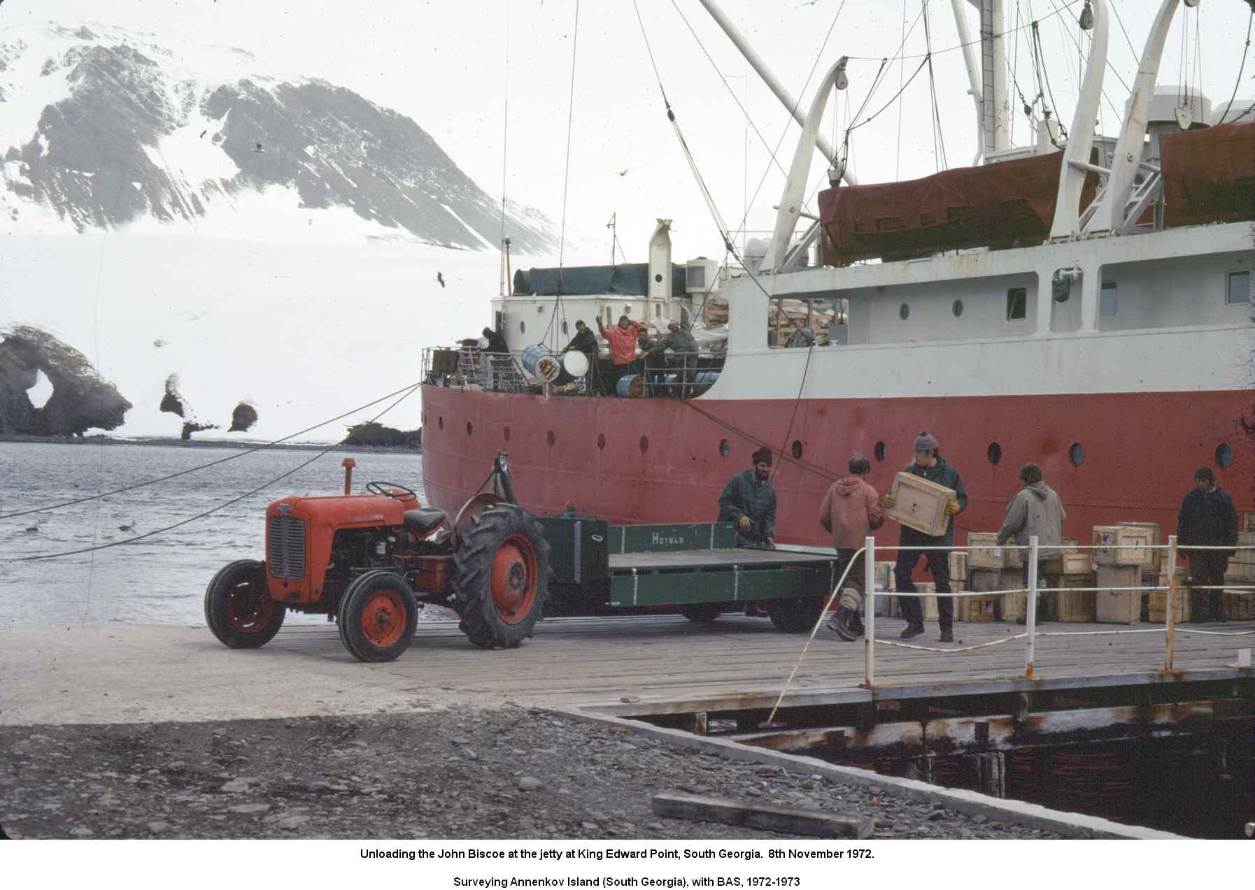Unloading the John Biscoe at the jetty at King Edward Point, South Georgia.  8th November 1972.