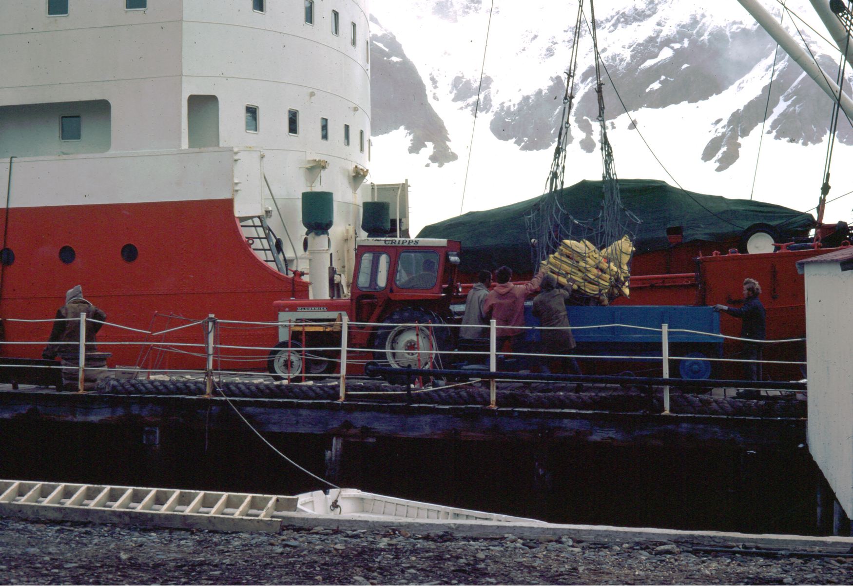 Unloading the John Biscoe at the jetty at King Edward Point, South Georgia. 8th November 1972.