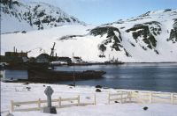 View of the assorted whaling craft at Grytviken, South Georgia, looking north from the whaler's cemetery. 9th November 1972.