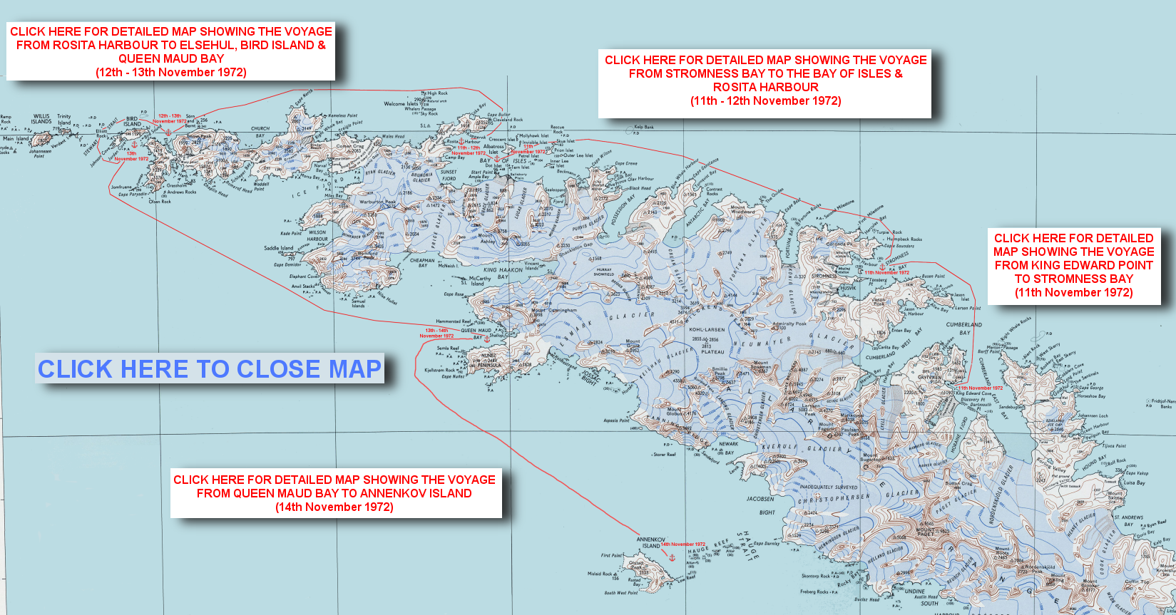 Map of South Georgia. - click red text areas for larger scale maps showing the track of RRS John Biscoe 11th - 14th Nov 1972.