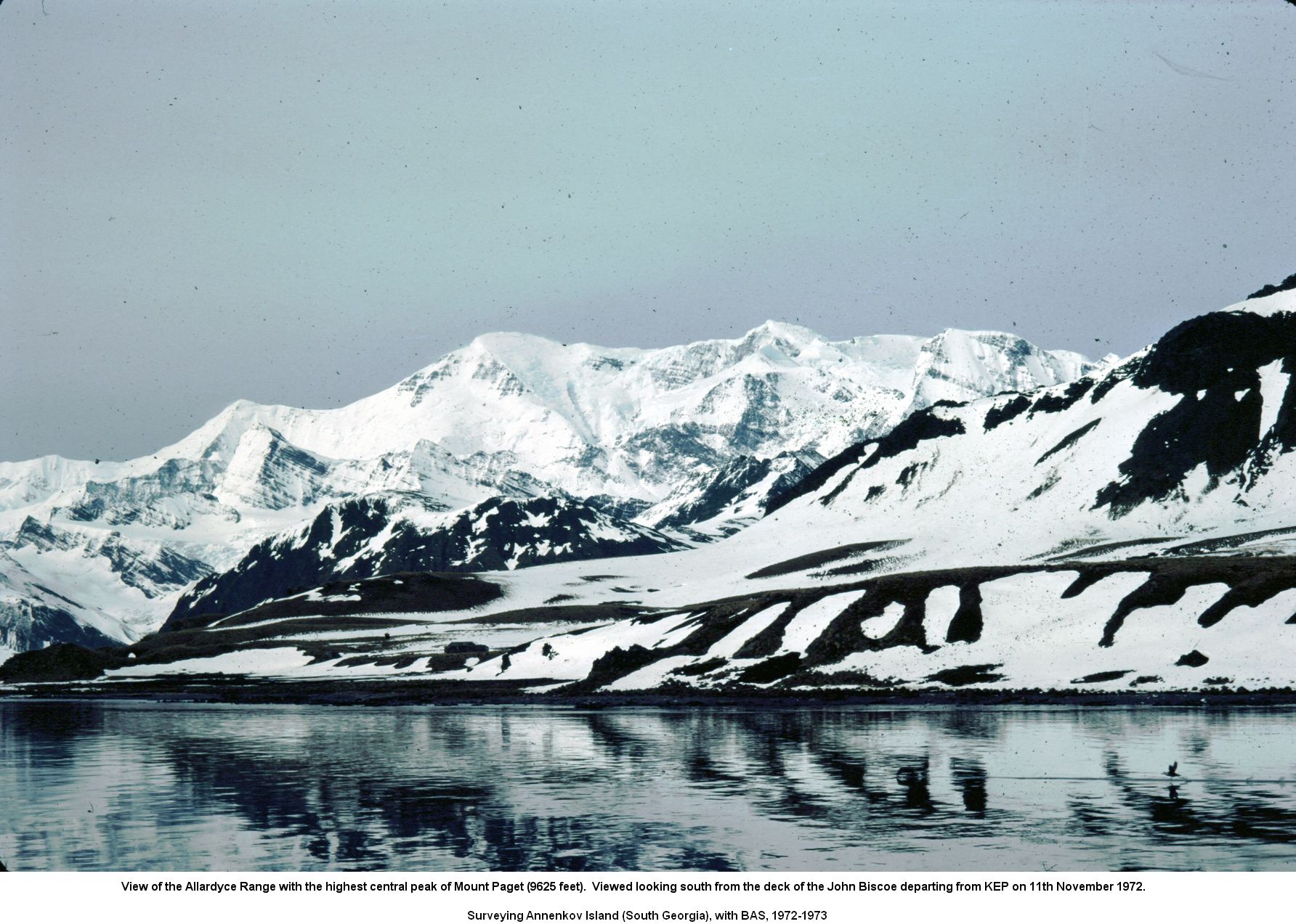 View of the Allardyce Range, South Georgia, viewed looking south from the deck of the John Biscoe on the 11th November 1972.