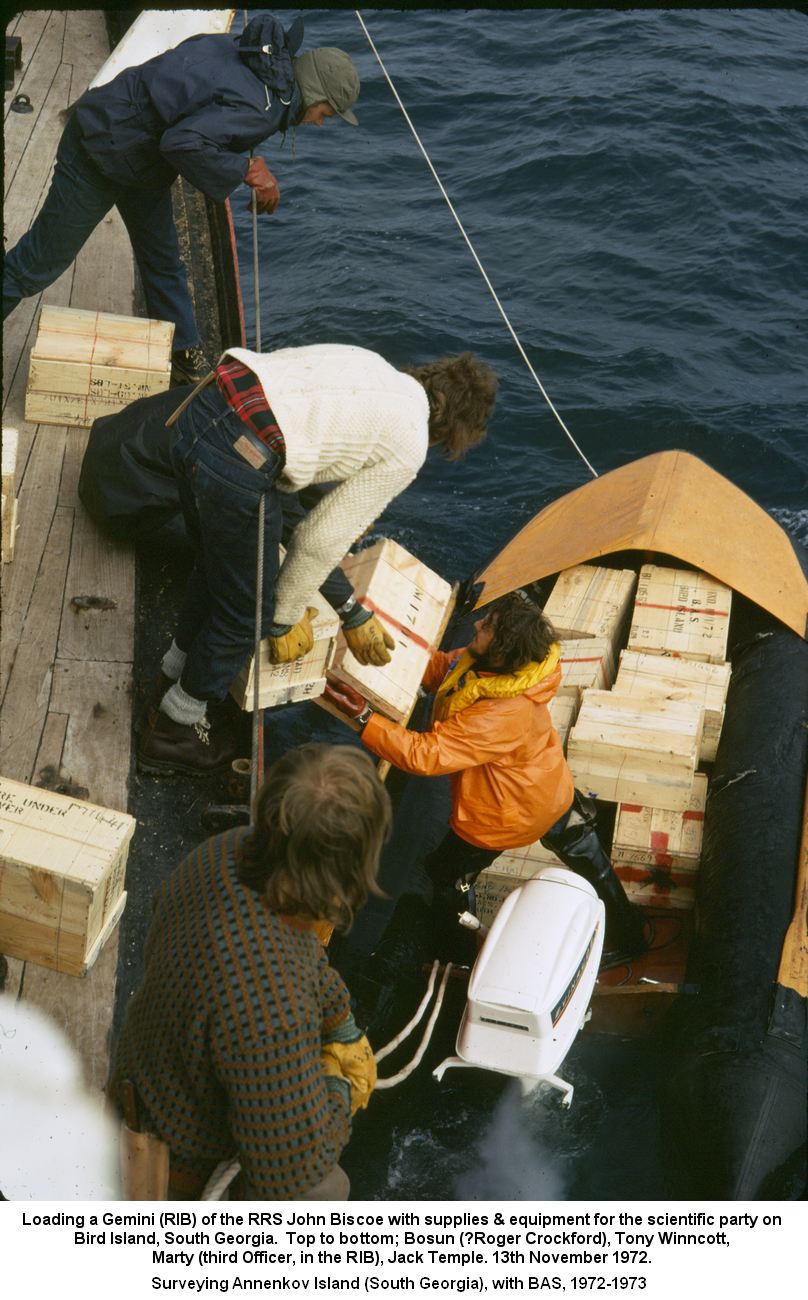 Loading a Gemini (RIB) of the RRS John Biscoe with supplies & equipment for the scientific party on
Bird Island, South Georgia. 13th November 1972.