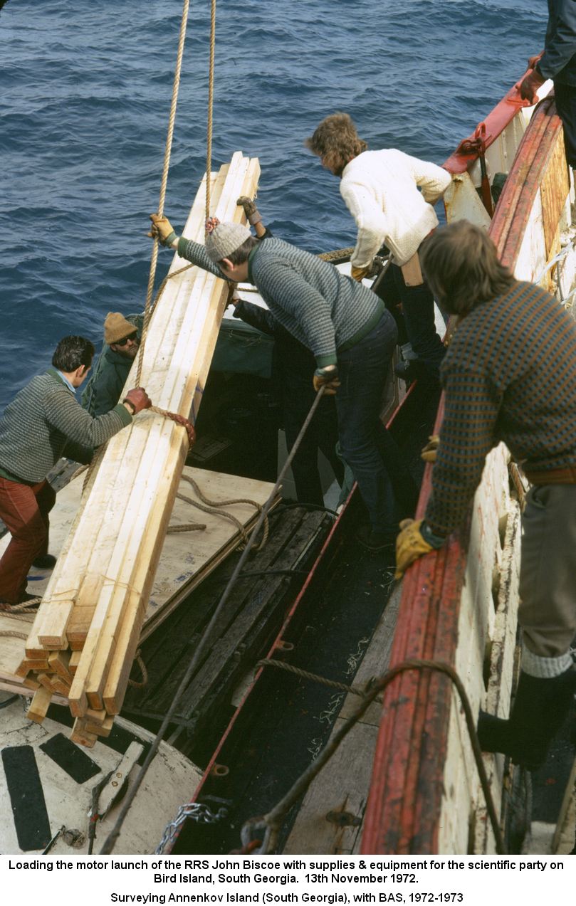Loading the motor launch of the RRS John Biscoe with supplies & equipment for the scientific party on
Bird Island, South Georgia.  13th November 1972.