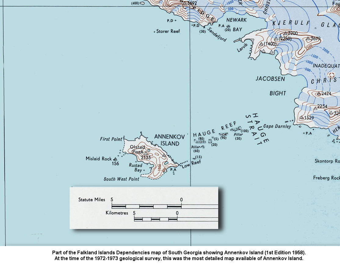Part of the Falkland Islands Dependencies map of South Georgia showing Annenkov Island (1st Edition 1958).
At the time of the 1972-1973 geological survey, this was the most detailed map available of Annenkov Island.