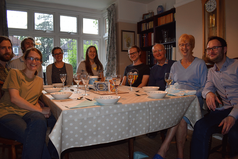 Sunday 4th June, animated conversation during supper at Orchard Drive!