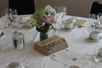 [Monday morning 5th June, flowers on the Maple table set for the reception at Hunton Park Hotel.